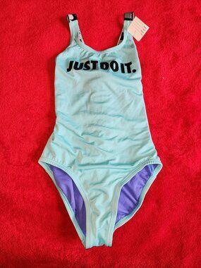 M Girl's 1pc Nike Bathing Blue Swimwear Beach Pool Swimming Racerback Just Do It